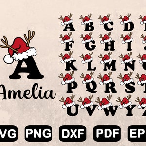 Paquete de svg de alfabeto de sombrero de santa, alfabeto de reno svg, camisa familiar de Navidad svg, archivos svg, imágenes prediseñadas, archivo de corte, png, svg, pdf, dxf, eps