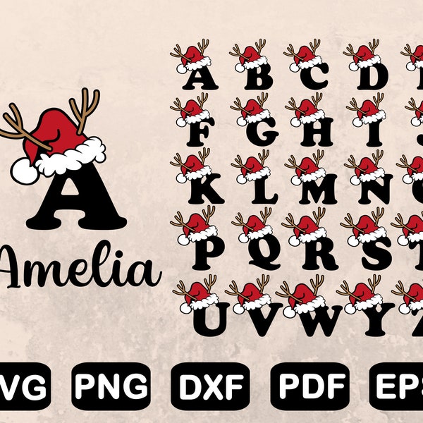 Santa Hat Alphabet Svg Bundle, Reindeer Alphabet Svg, Christmas Family Shirt Svg, Svg Files, Clipart, Cut File, Png, Svg, Pdf, Dxf, Eps