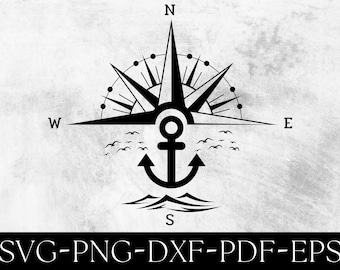 May include: Black and white compass with an anchor in the center. The compass points north, south, east, and west. There are birds flying around the compass.