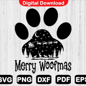 Merry Woofmas Svg, Kerst Hondenslee, Pet Christmas Svg, Kerst Hond Ontwerp, Svg Bestand voor Cricut, Paw Print, Png, Svg, Pdf, Dxf, Eps