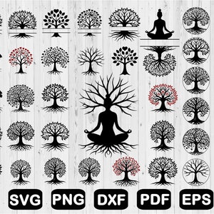 Puede incluir: Una descarga digital de 25 diseños de silueta de árbol en blanco y negro, que incluyen un árbol con una figura meditando, un árbol con un corazón en el centro y un árbol con un tronco dividido. Los diseños son perfectos para manualidades, scrapbooking y otros proyectos creativos.
