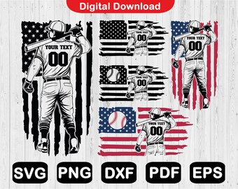 May include: A black and white digital download design featuring a baseball player holding a bat in front of an American flag. The player is wearing a baseball uniform with the text "YOUR TEXT 00" on the back.