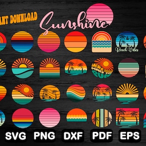 Retro Sunset Svg Bundle, Retro Sun Svg Bundle, Retro Vintage Svg, Summer Svg Files, Summer Clipart, Summer Cut File, Png, Svg, Dxf, Pdf, Eps