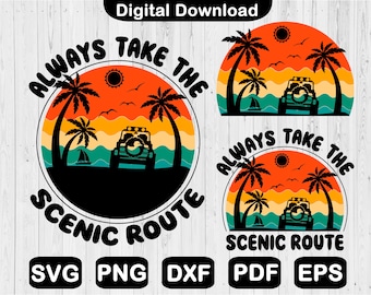 May include: A colorful graphic design with a jeep driving on a scenic route with palm trees and a sunset. The text reads "Always Take The Scenic Route".