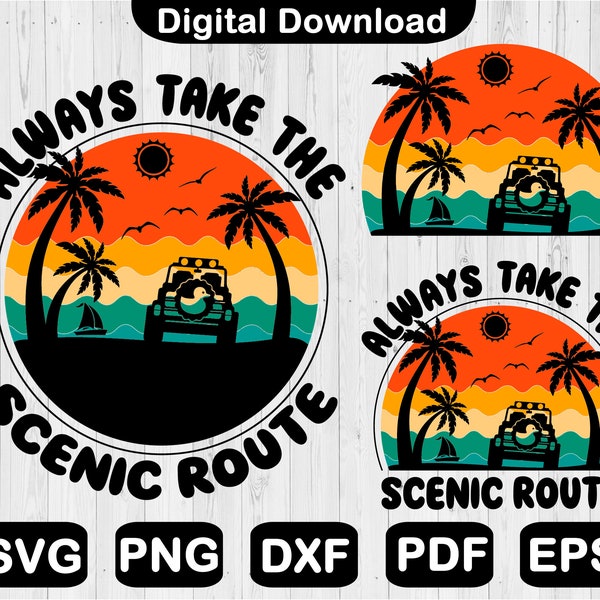 Immer nehmen Sie die szenische Route SVG, Retro Sommer 4 X 4 Offroad Auto svg, Sommer svg, Cricut Dateien, Clipart, geschnittene Datei, Png, svg, Pdf, Dxf, Eps