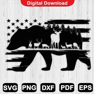 Bear American Flag SVG: Deer, Pine Trees, Camping Design (Digital Download)