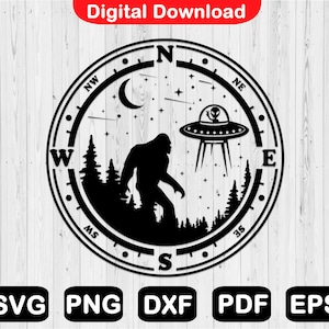 Puede incluir: Ilustración en blanco y negro de una brújula con una silueta de Bigfoot, un OVNI y estrellas. Los puntos de la brújula están etiquetados como N, S, E, W, NW, NE, SW y SE.