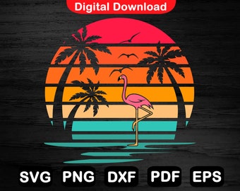 May include: A pink flamingo stands in front of a sunset with palm trees. The sunset is a gradient of orange, yellow, and red. The palm trees are black silhouettes against the sunset.