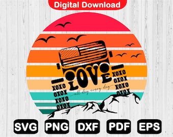 May include: A digital download design featuring a silhouette of a jeep with an American flag on the hood, driving over a mountain range with a sunset in the background. The text "LOVE all day every day" is written in a script font with XOXO written around it.