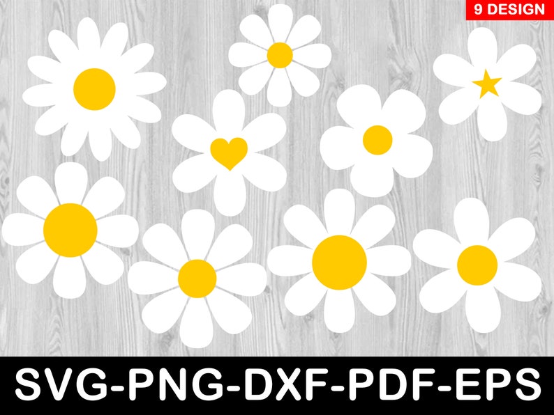 May include: Nine white daisy flower designs with yellow centers. Some daisies have a heart, star, or circle in the center.