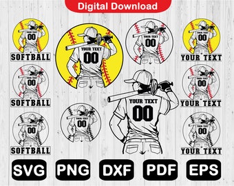 Softball Svg Bundle, Softball Player Svg, Customizable Softball Player Svg, Softball Shirt Svg, Svg Files For Cricut, Clipart, Png, Eps, Pdf