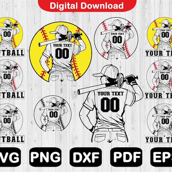 Softball Svg Bundle, Softball Player Svg, Customizable Softball Player Svg, Softball Shirt Svg, Svg Files For Cricut, Clipart, Png, Eps, Pdf