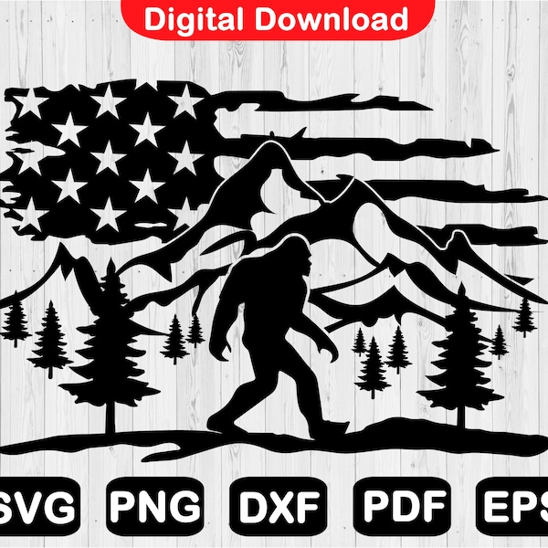 Bigfoot Sasquatch Svg, American Flag Mountain Bigfoot Svg for Cricut Files, Adventure Svg, Instant Dowload Eps,Svg,Png,Dxf,Pdf