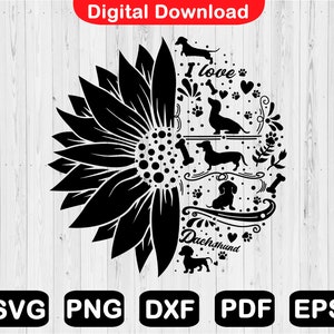 Tournesol teckel Svg, tournesol teckel Png, tournesol chien Svg, teckel Silhouette Svg fichiers pour Cricut, Clipart, couper fichier, Png, Eps