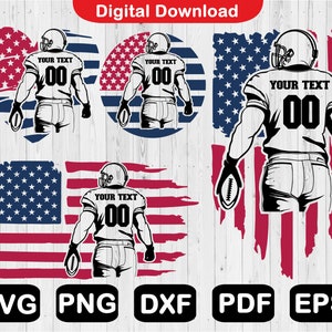 Op de afbeelding: Een digitale download van vier SVG-bestanden met een American football-speler die een shirt draagt met de tekst "YOUR TEXT 00" voor een Amerikaanse vlag. De bestanden zijn beschikbaar in de formaten SVG, PNG, DXF, PDF en EPS.