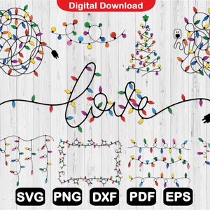 May include: A set of 10 digital downloads featuring various designs of Christmas lights. The designs include a tangled string of lights, a string of lights forming the word "love", a Christmas tree, and several strings of lights in different arrangements.