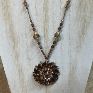 REPURPOSED handmade crystal rhinestone brooch VINTAGE crystal beaded necklace