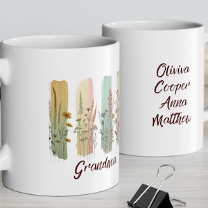 Benutzerdefinierte Oma Tasse mit Kindernamen Personalisierte Oma Kaffeetasse Frühling Muttertagsgeschenk für Oma oder Nana Benutzerdefinierte Namenstasse Großmutter