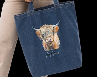 Highland Cow Denim Tote Bag Highland Cow Tote Highland Cow Bag Highland Cow Gifts Cow Tote Bag Cute Cow Tote Cow Shopping Bag Highland Tote