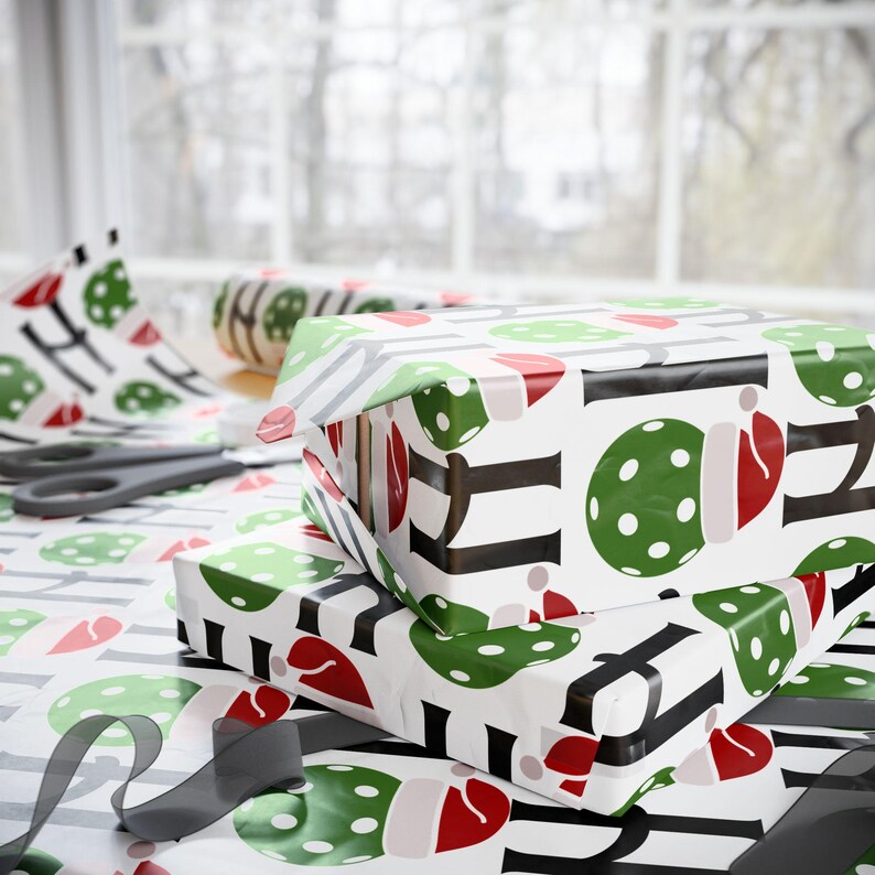 Pickleball Wrapping Paper Pickleball Christmas Gift Wrap Santa Hat Design Holiday Wrapping Paper Festive Gift Wrap Christmas Pickleball Gift