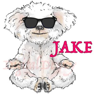 May include: A white dog wearing sunglasses and a pink onesie sits in a yoga pose. The dog's name, "JAKE", is written in pink letters.