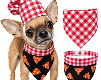 Handmade Dog Chef Costume Set, Pizza Bandana, Gingham Hat, Scrunchie (Cotton)