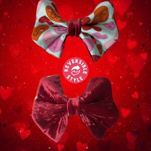 Dog Bow Tie cartoon heart valentines with blue sky reversible red velvet. second side red velvet Custom Hand made with elastic holder