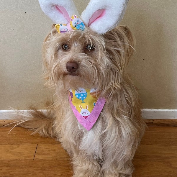 dog bunny ears with little bow and bandana/ reversible yellow bunnies pink trim / blue Easter eggs. snap on collar, matching scrunchy