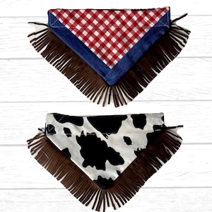 Cowboy style pet and checkered and demin bandana with  brown  trim with removable snap collar,  cowboy Halloween costume