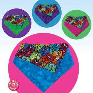 Boho Rainbow Cats cartoon bandan collar, reversible with 2 choices of colors, Removable snap collar included. dog and cat meow bandana.