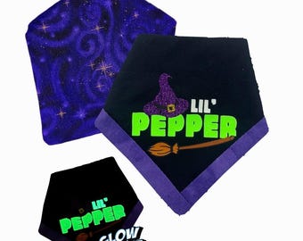 Personalized Halloween Pet Bandana – Glow-in-the-Dark Witch Costume with Purple Trim & Purple Constellation Back