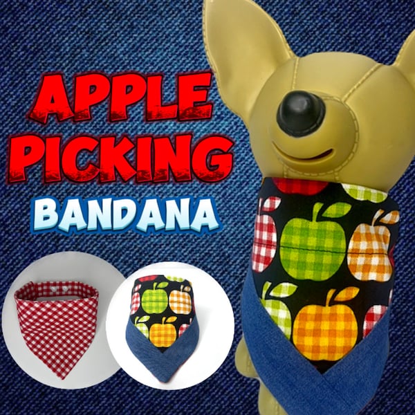 Apple picking and denim/ red checker picnic reversible pet bandana, dog, cat bandana  w/ optional matching hair scrunchy