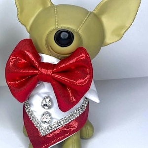 Diamond Dog Tuxedo: Red Wedding Pet Outfit, Rhinestone Cuffs bandana with bow tie