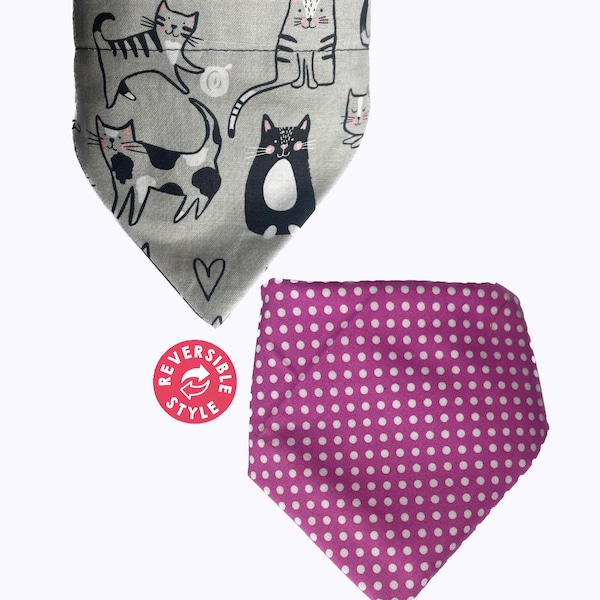 Cats and Pink polka dots bandana reversible, meow apron,cat lover outfit, optional head bow, , pet bow / hand made for  kitty and dog