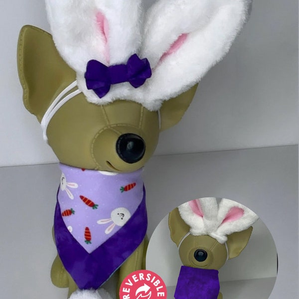 bunny ears and bunny bandana with little bow and reversible bandana,  blue Easter eggs for dog and cat. snap on collar
