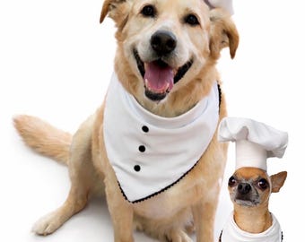 Handmade White Chef Dog Costume, Sous Chef Outfit (Hat & Bandana)