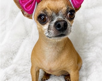 Hot Pink Sequin Double Bow Dog Headband – Elastic Pet Hair Bow, Rhinestone Center, Handmade Custom Fit