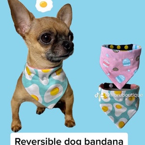 Reversible snap on Dog Bandana, eggs / cookies and milk, hand made. Sunday brunch dog apron, scarf for dog,  snap button collar included