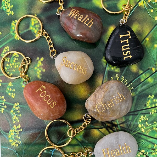 Polished and Engraved Positive Word Stone Keychains