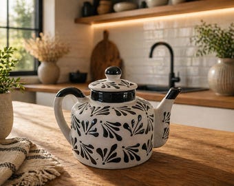 Mexican Ceramic Teapot, Hand Painted Talavera Style Teapot, Gray & Black Kitchen Decor, Rustic Boho Kitchen Accent, Unique Gift for Her