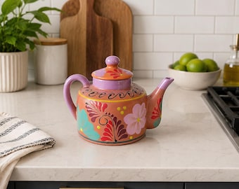 Handmade Mexican Teapot Pottery | Floral Barro Tea Pot with Lid | Rustic Farmhouse Kitchen Decor | Boho Ceramic Coffee Pot