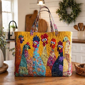 May include: A quilted tote bag featuring a vibrant yellow background with a colourful applique pattern of six chickens. Each chicken is crafted from various patterned fabrics in shades of blue, red, orange, and green, complete with googly eyes.