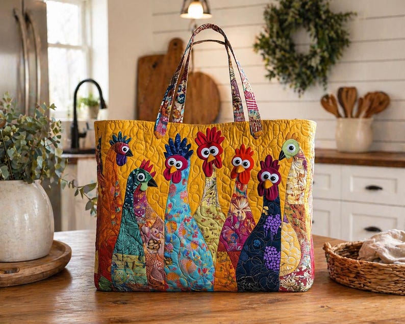 May include: A quilted tote bag featuring a vibrant yellow background with a colourful applique pattern of six chickens. Each chicken is crafted from various patterned fabrics in shades of blue, red, orange, and green, complete with googly eyes.