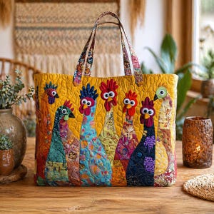 May include: A large, yellow tote bag with a quilted design featuring colorful rooster figures. The bag has patterned handles and a rectangular shape. The roosters are in various colors, including blue, red, and green.