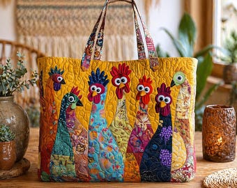 Colorful Chicken Quilt Style Tote Bag, Handmade Patchwork Style Farmhouse Tote, Farmers Market Bag, Unique Chicken Lover Gift, Boho Tote Bag
