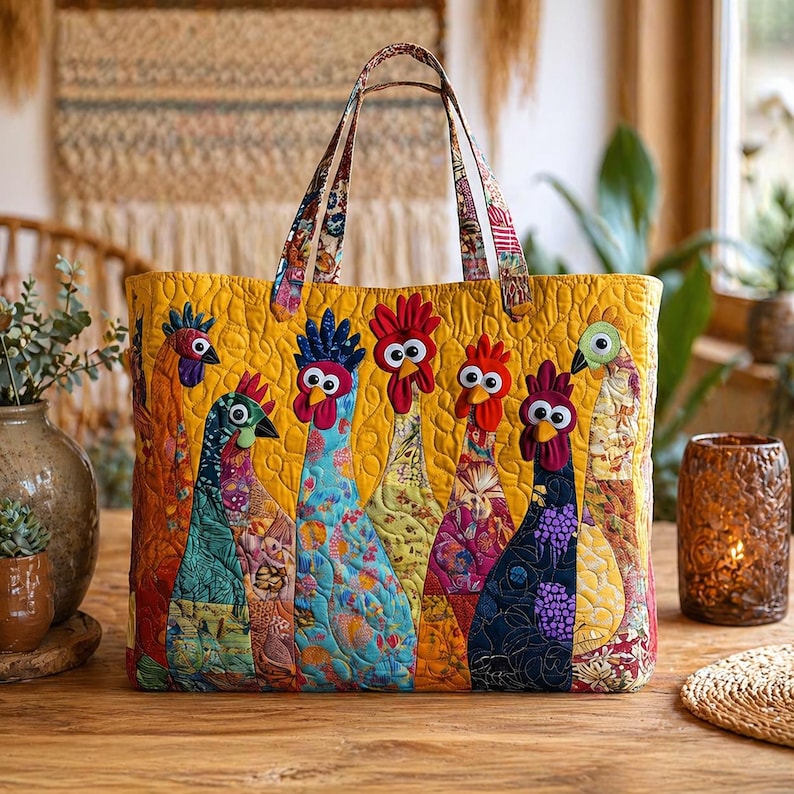 May include: A quilted tote bag with a mustard yellow background featuring six colourful fabric chickens with googly eyes. The chickens are decorated with various floral and geometric patterns in shades of blue, red, orange, and green. It has two handles.