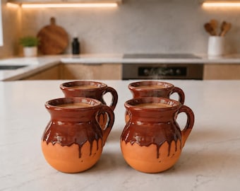 SET of 4 Handmade Clay Coffee Mug | Lagrima Terracotta Café de Olla Cup | Brown Drip Glaze Ceramic Mug | Farmhouse Kitchen Coffee Cup