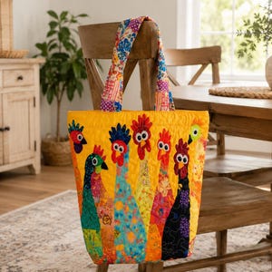 May include: A quilted tote bag featuring a vibrant yellow background with a colourful applique design of multiple chickens. The chickens are crafted from various patterned fabrics in shades of red, blue, green, and orange. It has two matching handles.