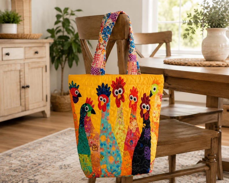 May include: A quilted tote bag featuring a vibrant yellow background with a colourful applique design of multiple chickens. The chickens are crafted from various patterned fabrics in shades of red, blue, green, and orange. It has two matching handles.