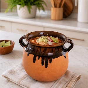 May include: A rustic, terracotta-colored ceramic pot filled with a hearty stew, garnished with lime and radish slices. The pot has a dark brown glazed rim and handles, with a dripped glaze design. A wooden bowl with lime wedges sits nearby.